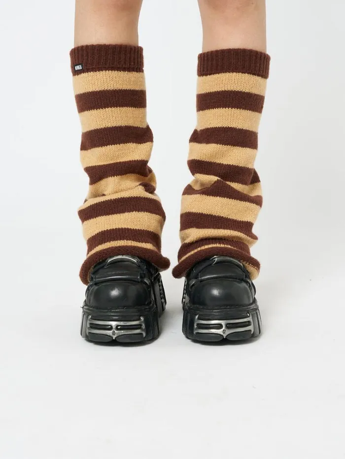 Shop Brown and Honey Striped Flare Leg Warmers Minga London Accessories Shop Brown and Honey Striped Flare Leg Warmers Minga London Accessories