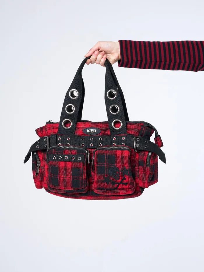 Shop Devon Red Tartan Multi Pockets Handbag Minga London Accessories