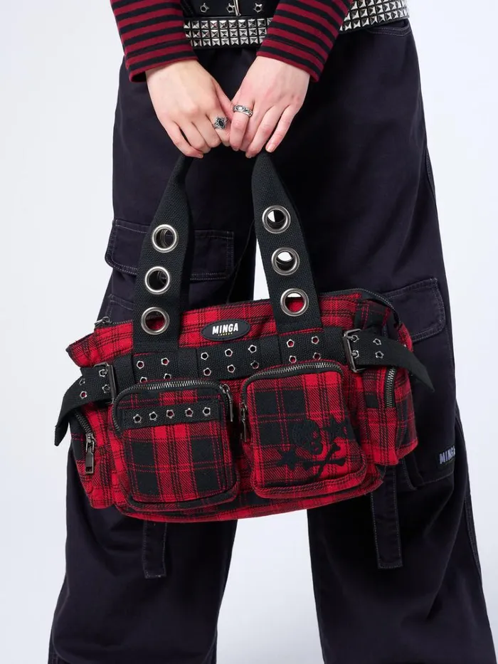 Shop Devon Red Tartan Multi Pockets Handbag Minga London Accessories