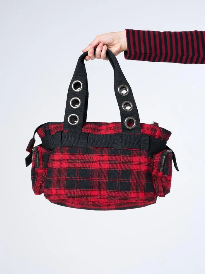 Shop Devon Red Tartan Multi Pockets Handbag Minga London Accessories