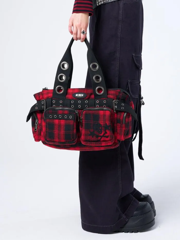 Shop Devon Red Tartan Multi Pockets Handbag Minga London Accessories