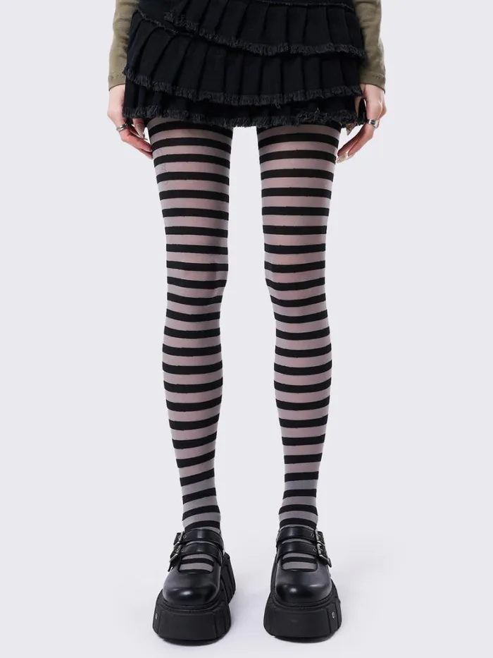 Shop Minga London Accessories Aoki Grey and Black Striped Tights