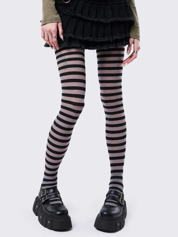 Shop Minga London Accessories Aoki Grey and Black Striped Tights