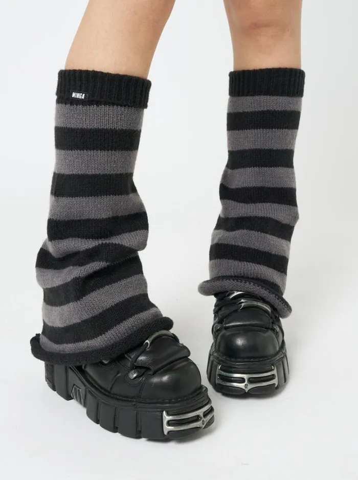 Shop Minga London Accessories Black and Grey Striped Flare Leg Warmers