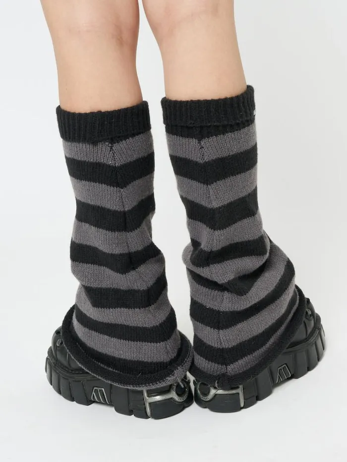 Shop Minga London Accessories Black and Grey Striped Flare Leg Warmers Shop Minga London Accessories Black and Grey Striped Flare Leg Warmers