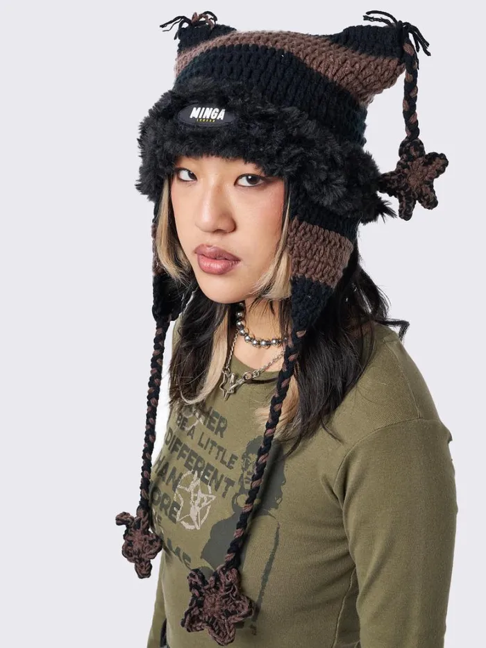 Shop Minga London Accessories Skylar Star Brown Tie Knit Hat Shop Minga London Accessories Skylar Star Brown Tie Knit Hat