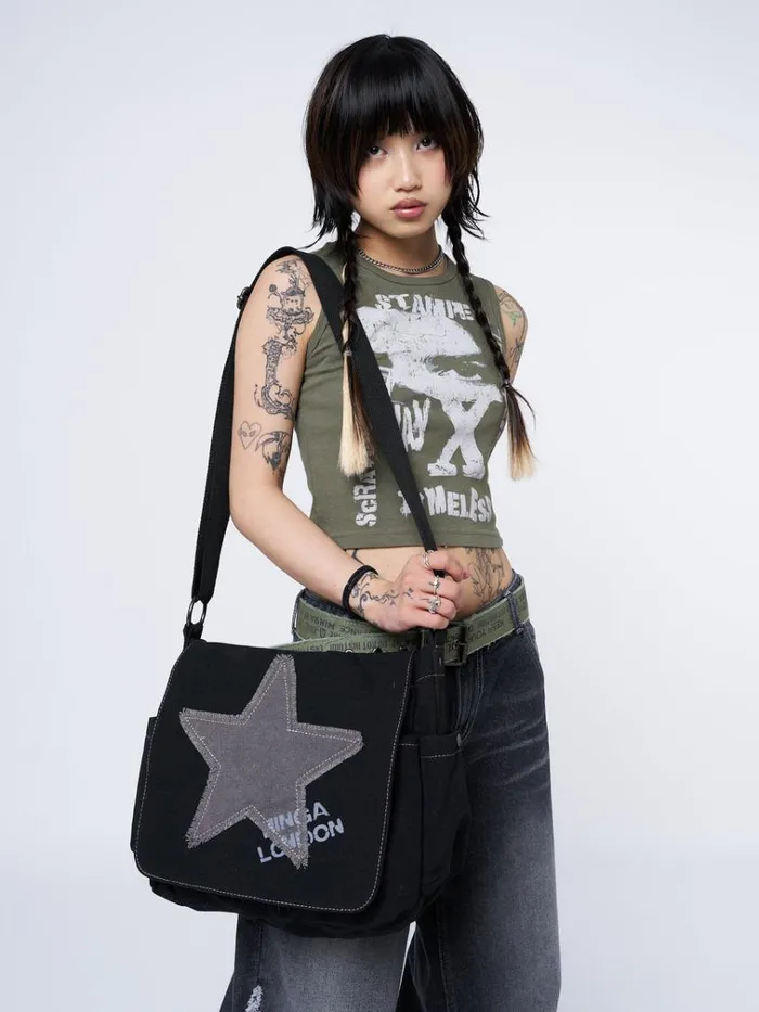 Shop Super Star Black Canvas Messenger Bag Minga London Accessories