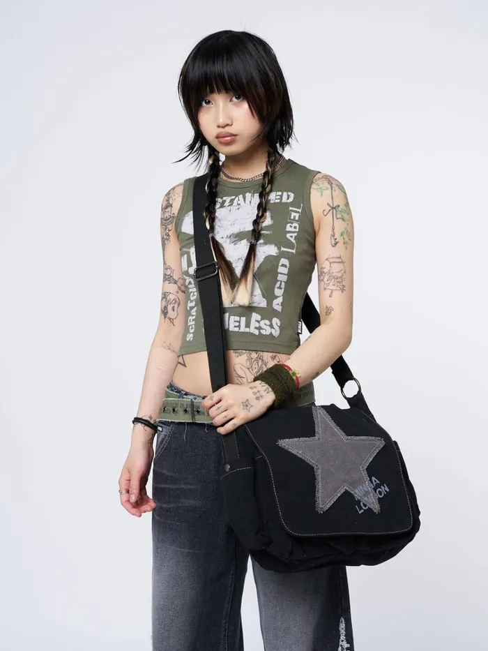 Shop Super Star Black Canvas Messenger Bag Minga London Accessories