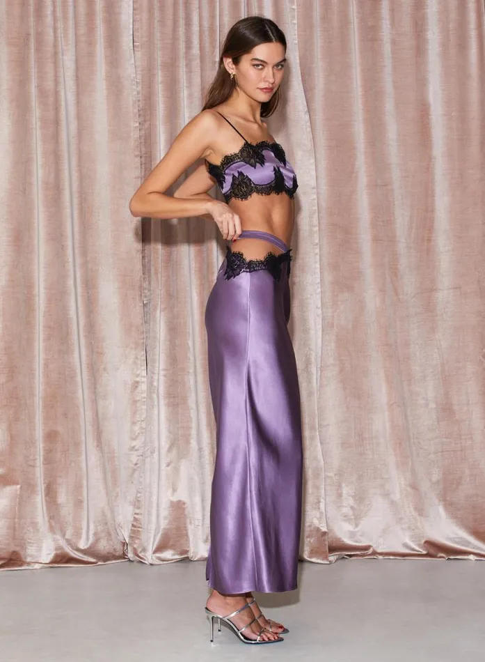 Slips LingerieClothing Fleur Du Mal Silk and Lace Cutout Skirt Purple Haze