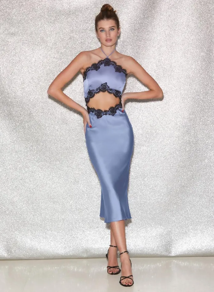 Slips LingerieClothing Fleur Du Mal Silk and Lace Halter Slip Denim Blue