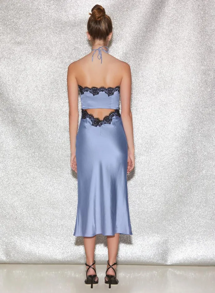 Slips LingerieClothing Fleur Du Mal Silk and Lace Halter Slip Denim Blue