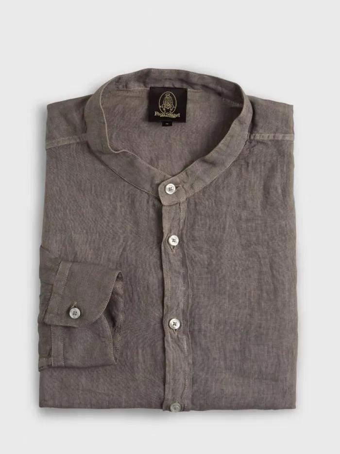 Sport Shirts Mens Paul Stuart Band Collar Washed Linen Shirt Taupe