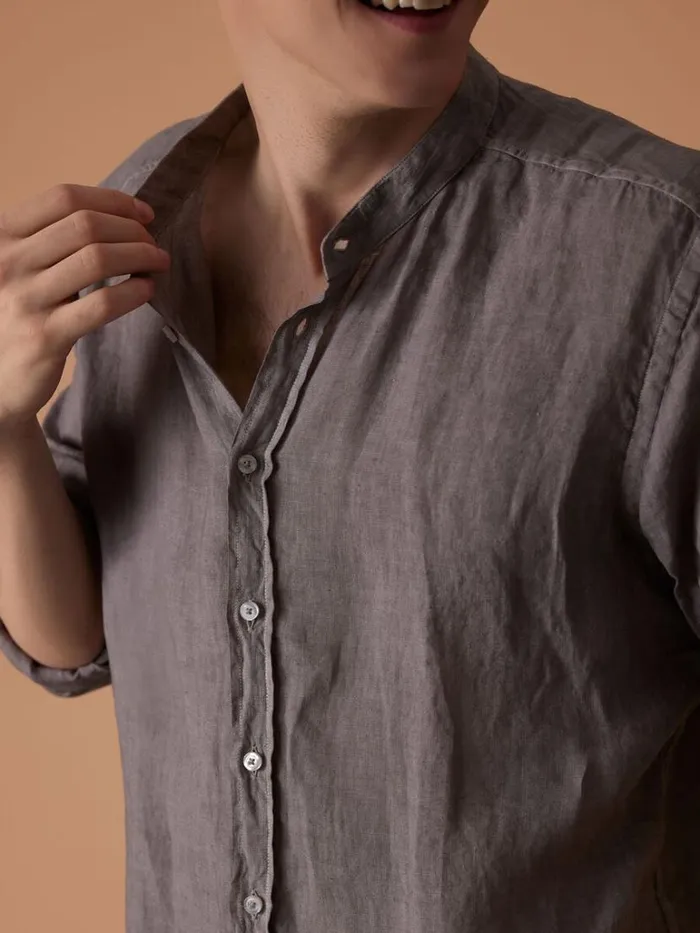 Sport Shirts Mens Paul Stuart Band Collar Washed Linen Shirt Taupe