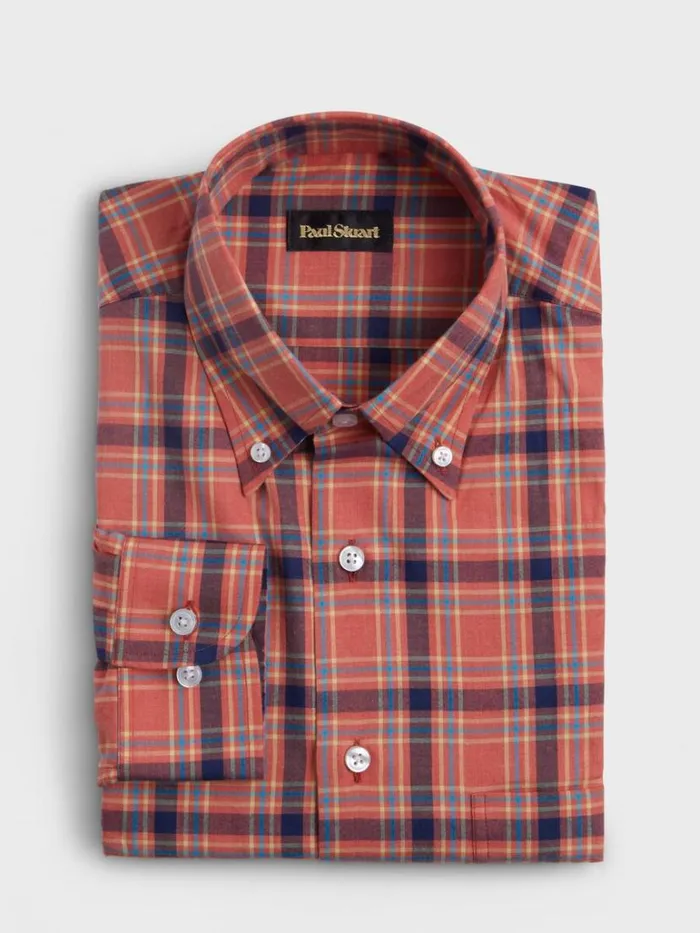 Sport Shirts Mens Paul Stuart Cotton Lightweight Flannel Plaid Sport Shirt Coral