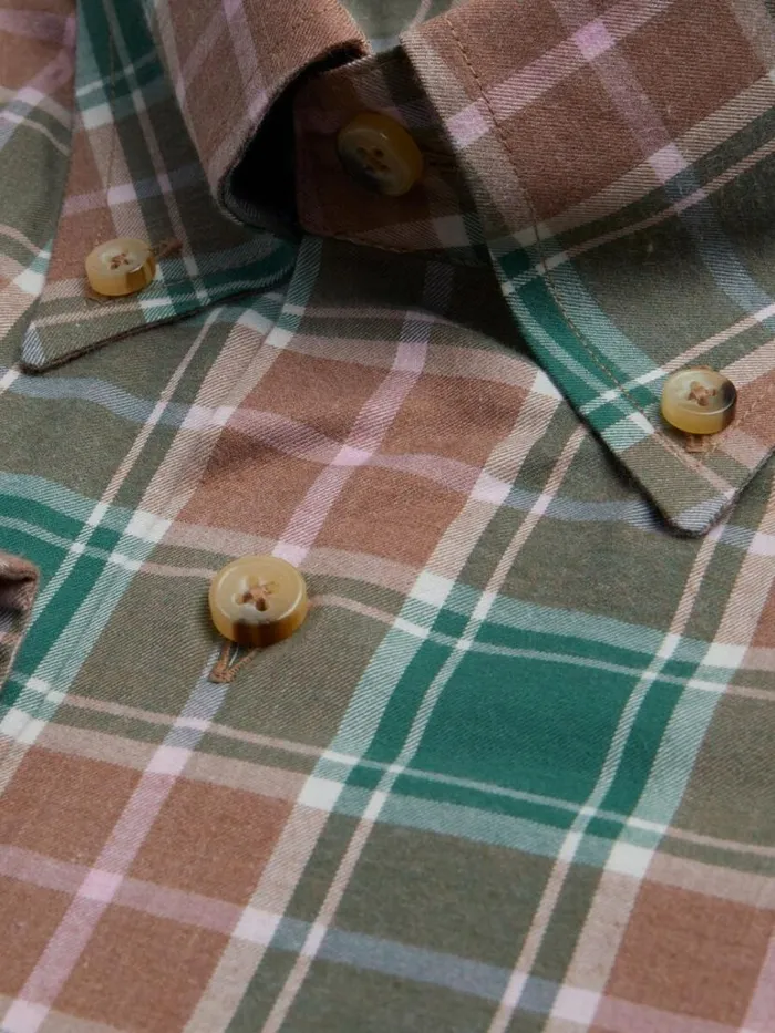 Sport Shirts Mens Paul Stuart Cotton Lightweight Flannel Plaid Sport Shirt Greenbrown