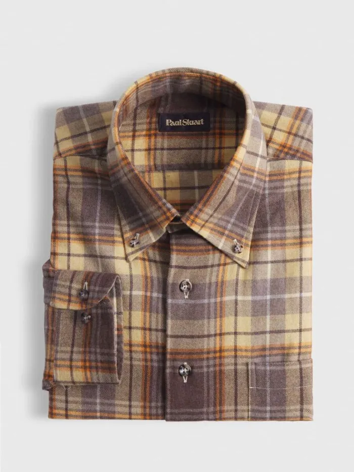 Sport Shirts Mens Paul Stuart Flannel Plaid Sport Shirt Brownyellow