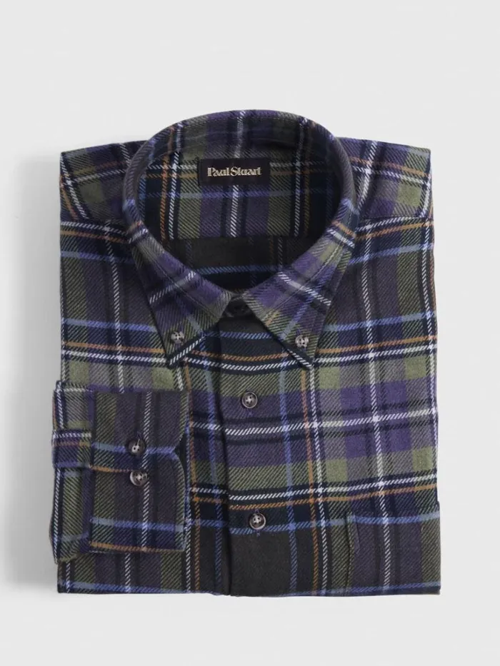 Sport Shirts Mens Paul Stuart Flannel Plaid Sport Shirt Greenpurple
