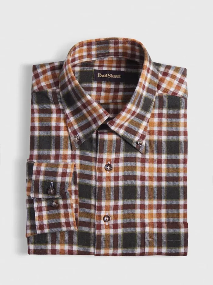 Sport Shirts Mens Paul Stuart Flannel Plaid Sport Shirt Olive