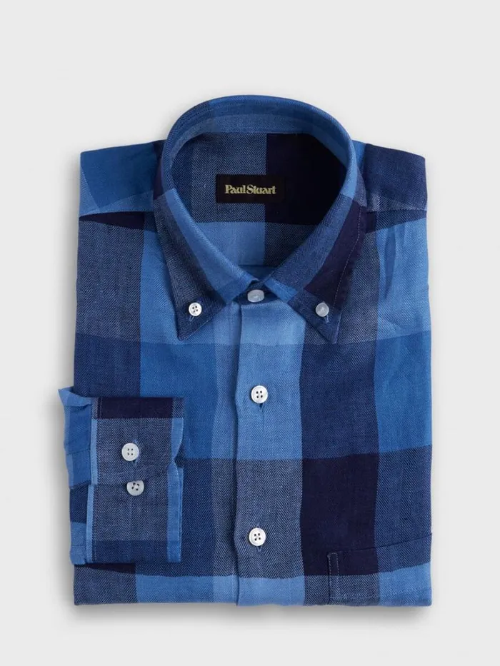 Sport Shirts Mens Paul Stuart Linen Buffalo Check Sport Shirt Navyblue