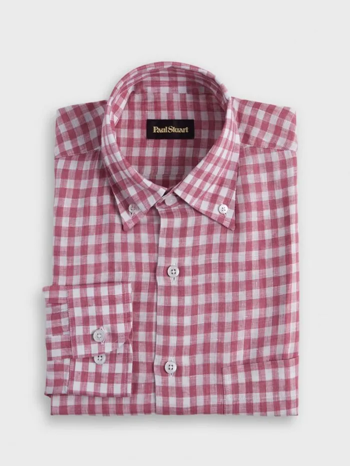 Sport Shirts Mens Paul Stuart Linen Gingham Sport Shirt Crimson