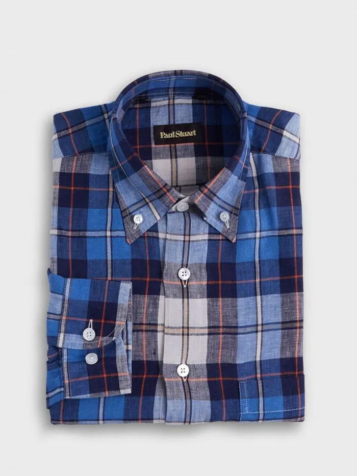 Sport Shirts Mens Paul Stuart Linen Plaid Sport Shirt Bluered