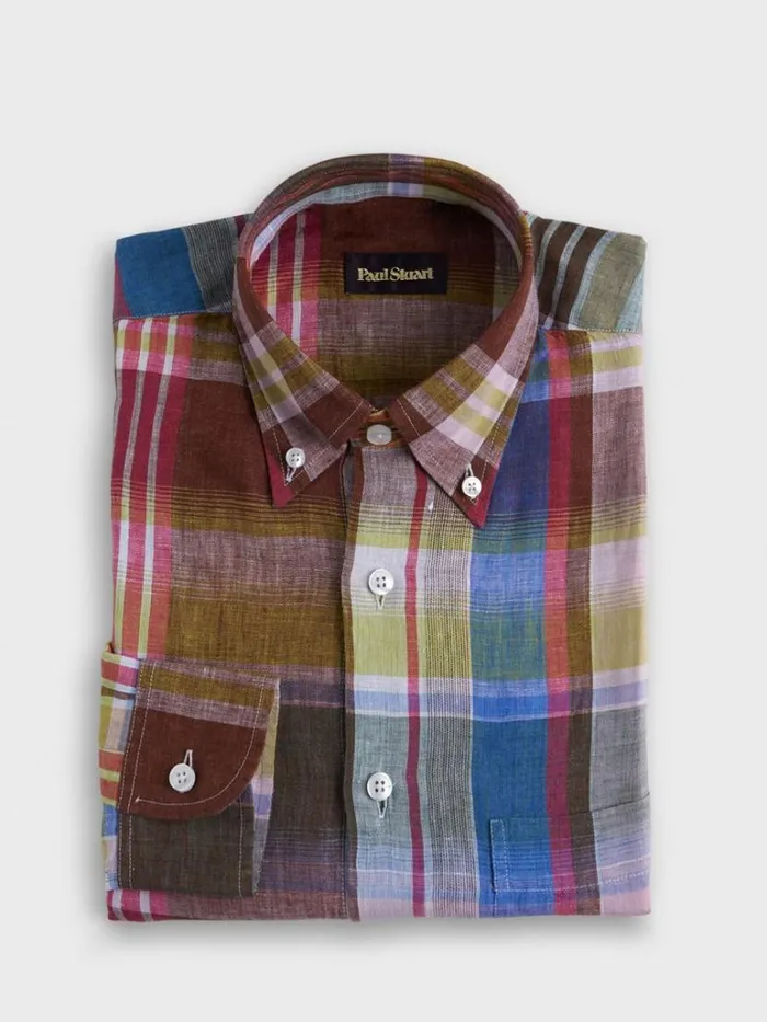 Sport Shirts Mens Paul Stuart Linen Plaid Sport Shirt Browngreen