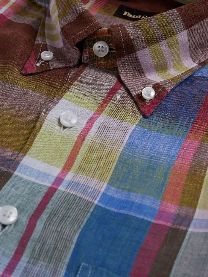 Sport Shirts Mens Paul Stuart Linen Plaid Sport Shirt Browngreen