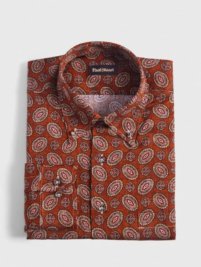 Sport Shirts Mens Paul Stuart Medallion Print Cotton Sport Shirt Brown