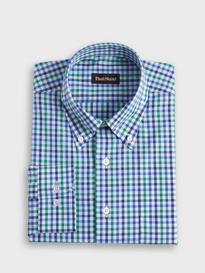 Sport Shirts Mens Paul Stuart Two Color Check Cotton Sport Shirt Greenblue