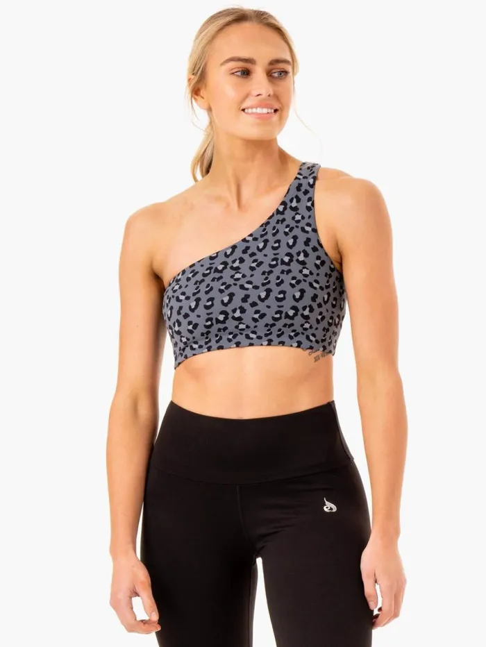 Sports Bras Womens Ryderwear Adapt One Shoulder Sports Bra Steel Blue Leopard