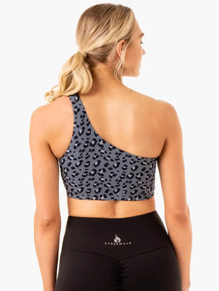 Sports Bras Womens Ryderwear Adapt One Shoulder Sports Bra Steel Blue Leopard