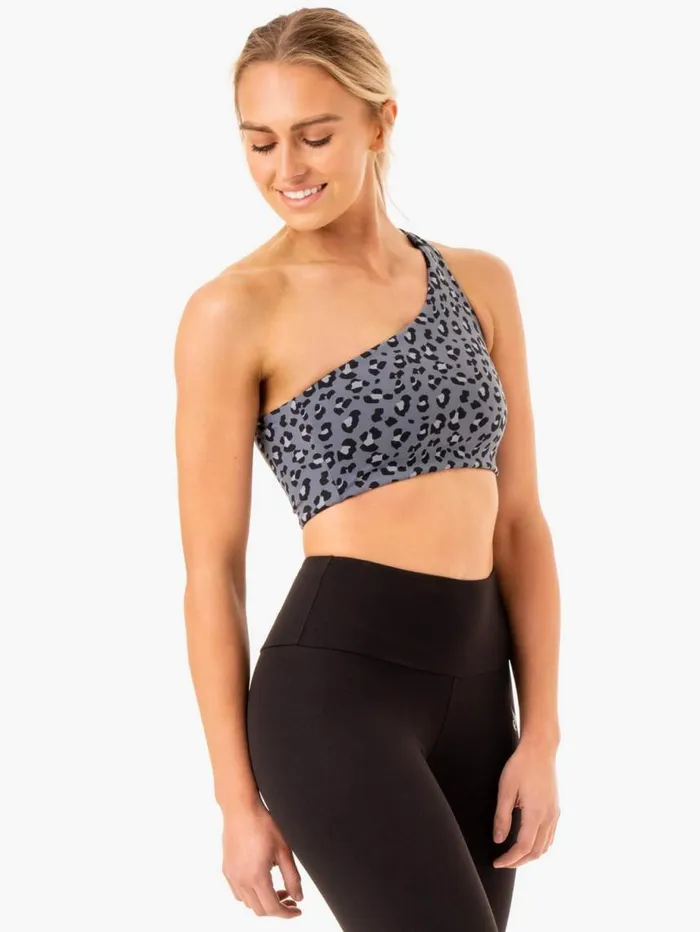 Sports Bras Womens Ryderwear Adapt One Shoulder Sports Bra Steel Blue Leopard