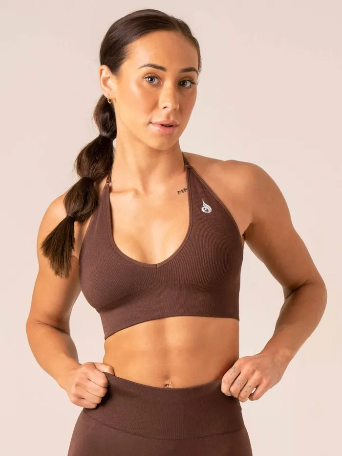 Sports Bras Womens Ryderwear Lift Rib Seamless Halter Sports Bra Chocolate