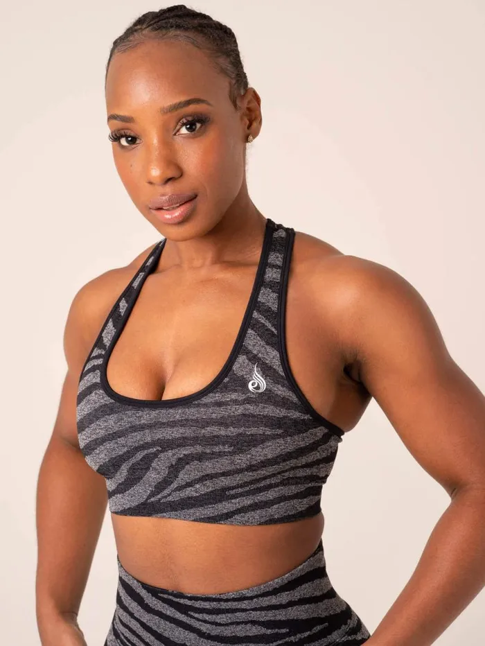 Sports Bras Womens Ryderwear Zebra Seamless Sports Bra Grey Marl Black Zebra