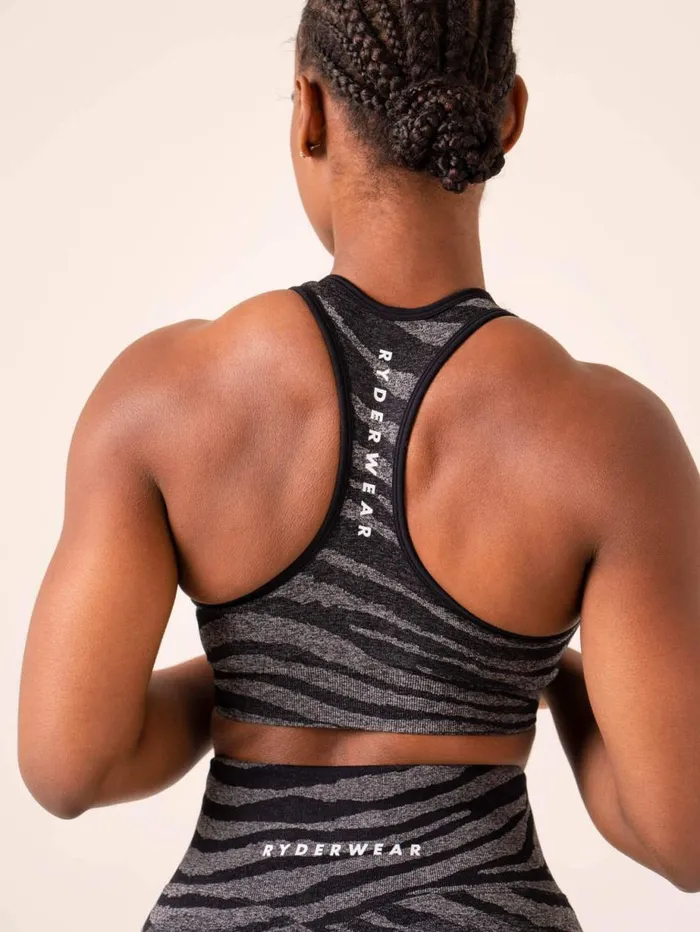 Sports Bras Womens Ryderwear Zebra Seamless Sports Bra Grey Marl Black Zebra