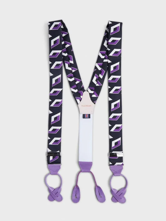 Suspenders Mens Paul Stuart Silk Geometric Diamond Braces Navy
