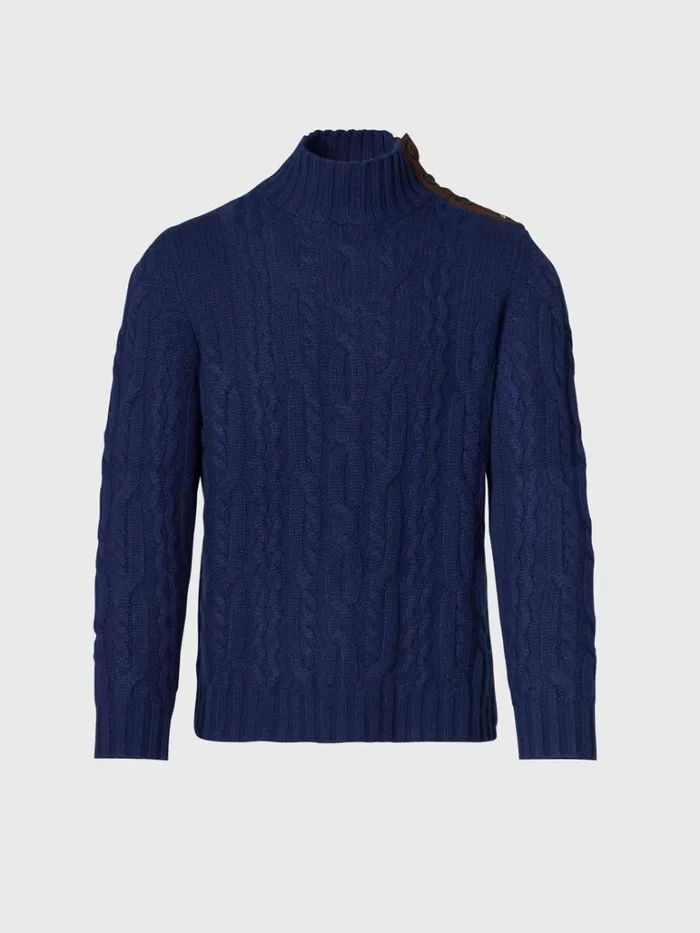 Sweaters Mens Paul Stuart All Over Cable Mock Neck Sweater Marine Blue