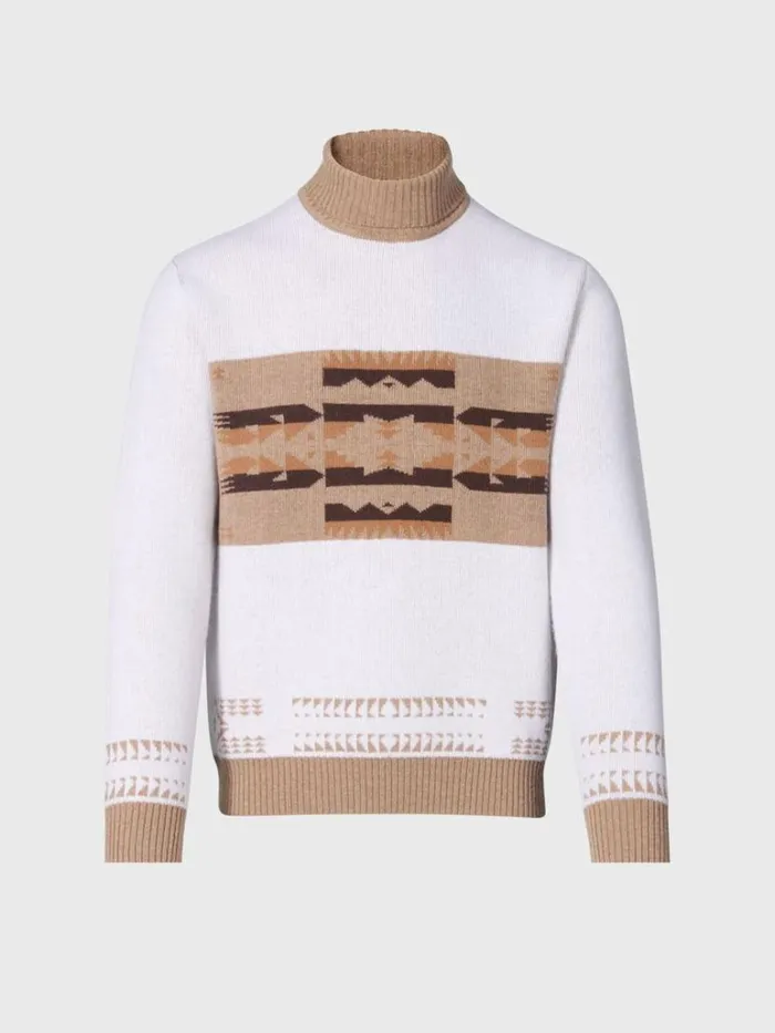 Sweaters Mens Paul Stuart Cashmere and Wool Intarsia Turtleneck Sweater Creamtan
