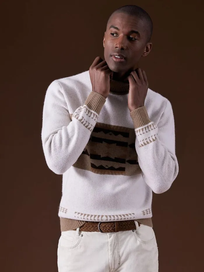 Sweaters Mens Paul Stuart Cashmere and Wool Intarsia Turtleneck Sweater Creamtan
