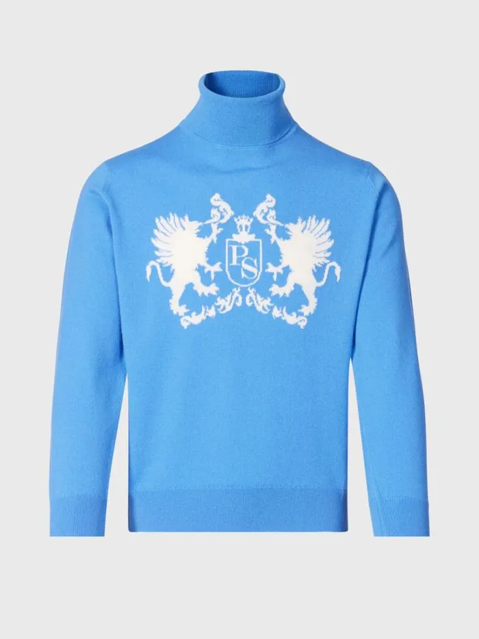 Sweaters Mens Paul Stuart Cashmere Intarsia Crest Turtleneck Light Blue