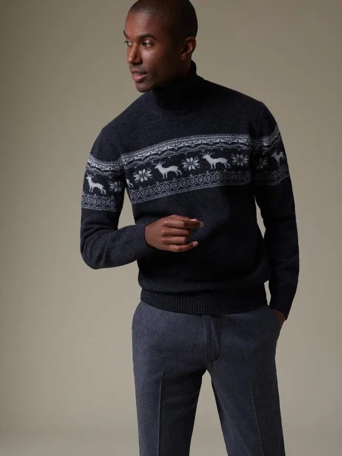 Sweaters Mens Paul Stuart Reindeer and Snowflake Turtleneck Grey