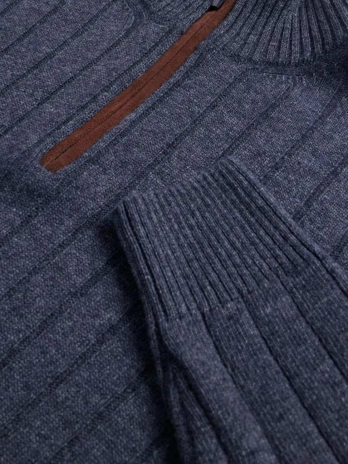 Sweaters Mens Paul Stuart Ribbed Quarter Zip Sweater With Suede Dark Green