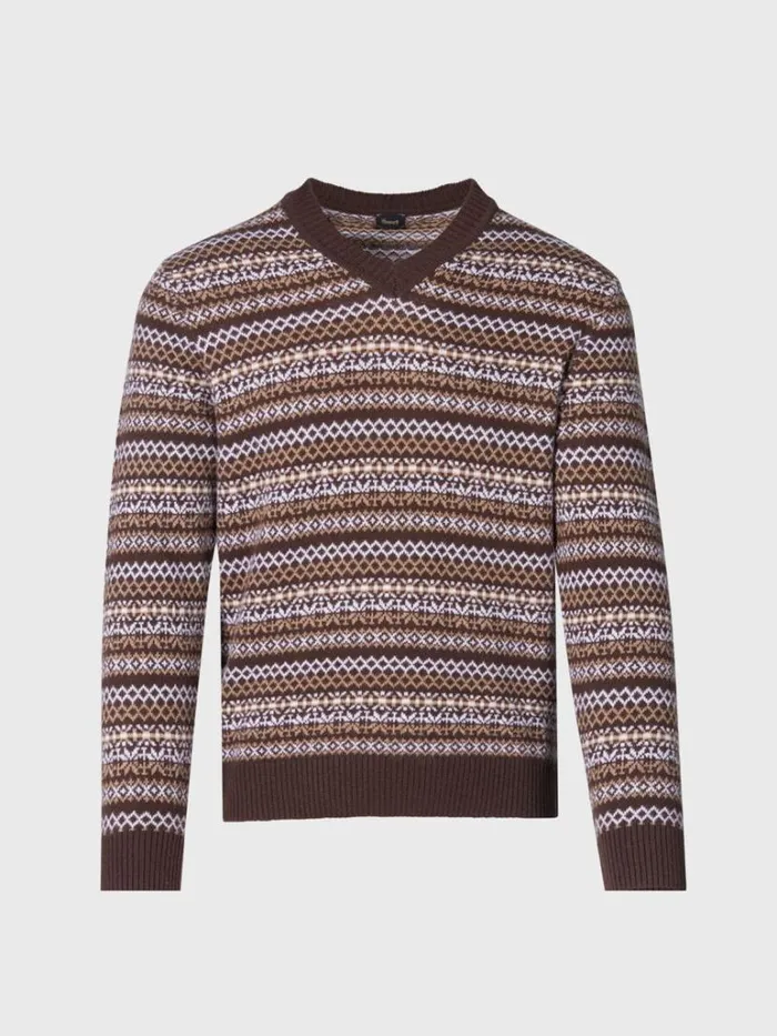 Sweaters Mens Paul Stuart Wool and Cashmere Fair Isle VNeck Sweater Dark Brown