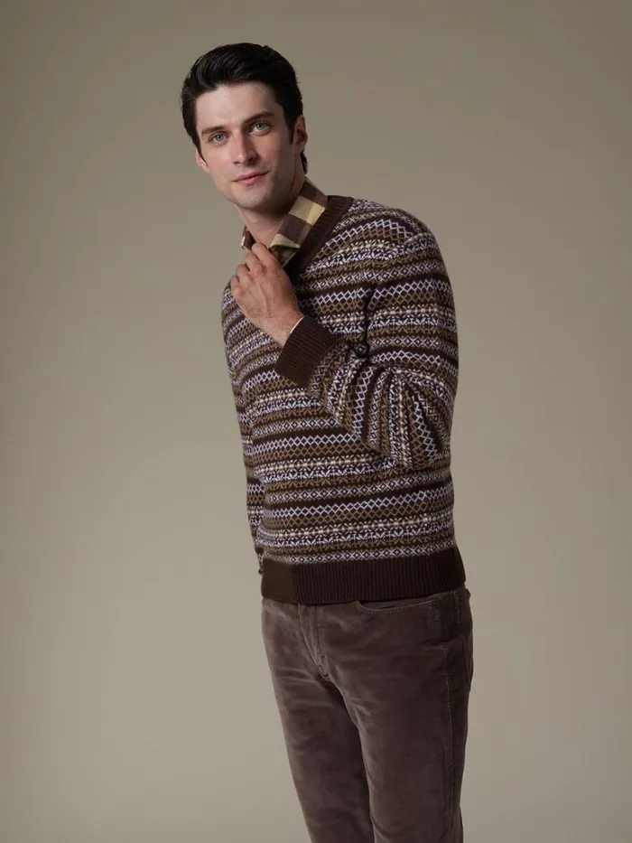 Sweaters Mens Paul Stuart Wool and Cashmere Fair Isle VNeck Sweater Dark Brown
