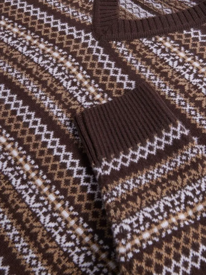 Sweaters Mens Paul Stuart Wool and Cashmere Fair Isle VNeck Sweater Dark Brown