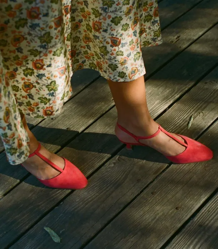 TABITHA T STRAP HEEL Raspberry Suede Shop DEN Footwear