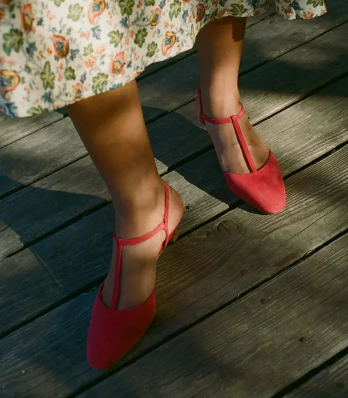 TABITHA T STRAP HEEL Raspberry Suede Shop DEN Footwear