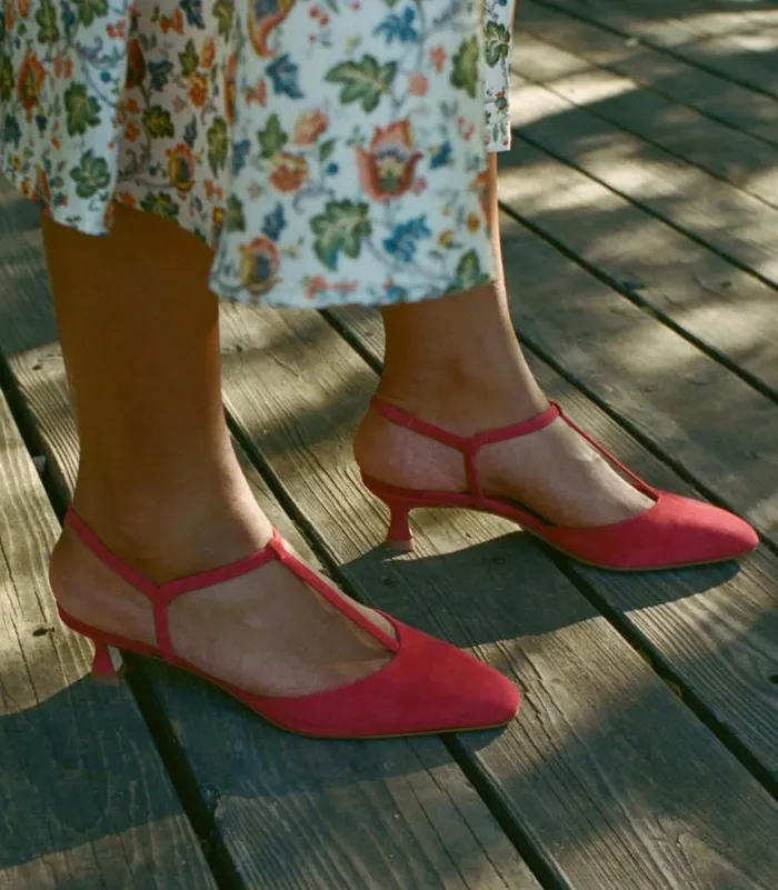 TABITHA T STRAP HEEL Raspberry Suede Shop DEN Footwear