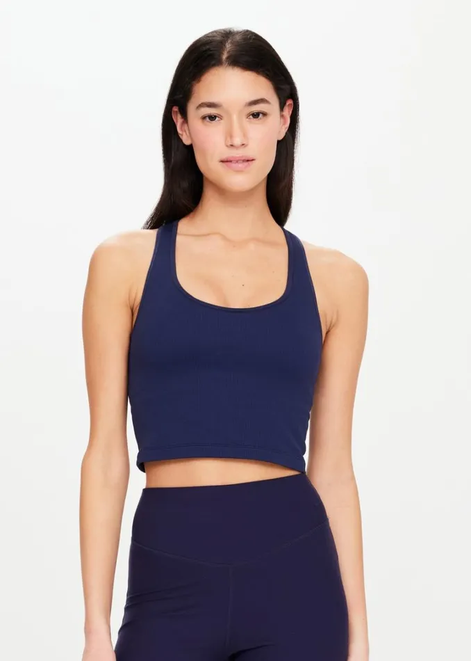 The Upside BALANCE SEAMLESS MOLLY CROP Navy Shop Sports Bras