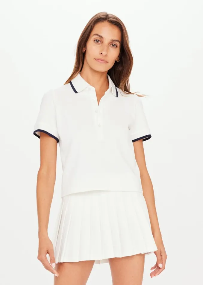 The Upside BOUNCE BIRDIE CROP POLO White Shop Shirts and Tanks